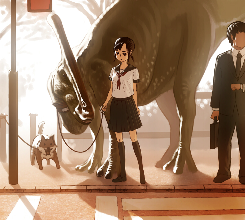 black_eyes black_hair crosswalk dinosaur dog faceless formal kneehighs leash original parasaurolophs parasaurolophus school_uniform serafuku skirt street suit sunlight