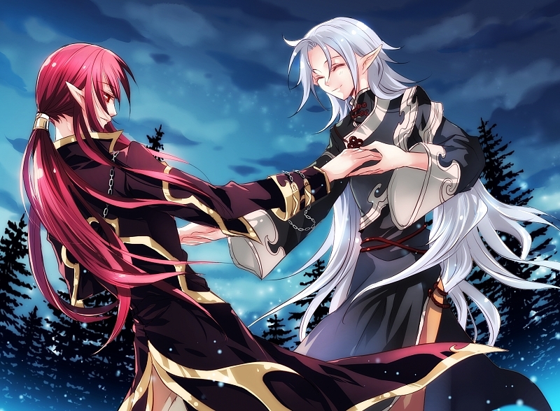 elf hand_holding holding_hands long_hair original pointy_ears ponytail red_hair redhead white_hair zuowen