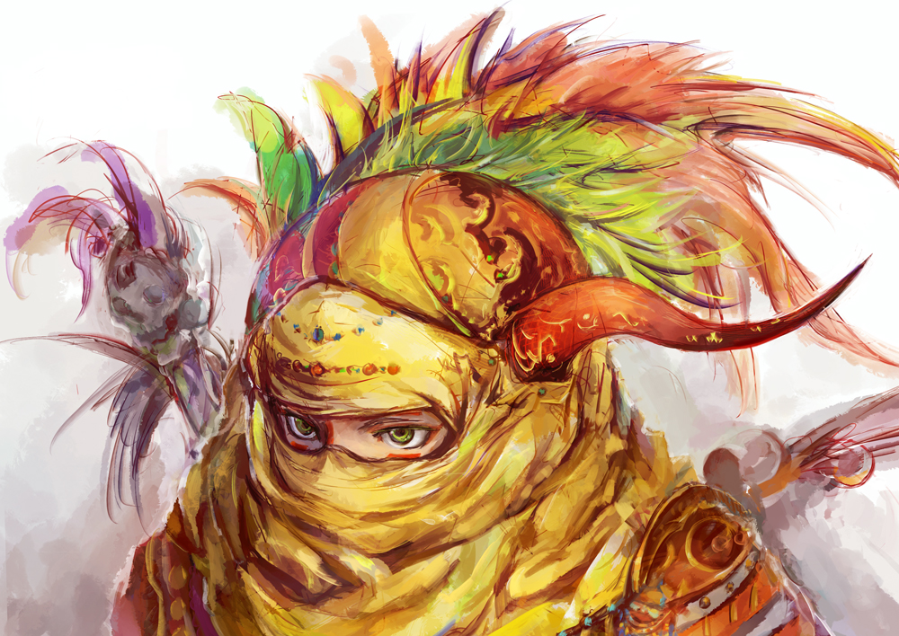 androgynous conjaku feathers final_fantasy final_fantasy_vi gogo horns mask skull solo staff