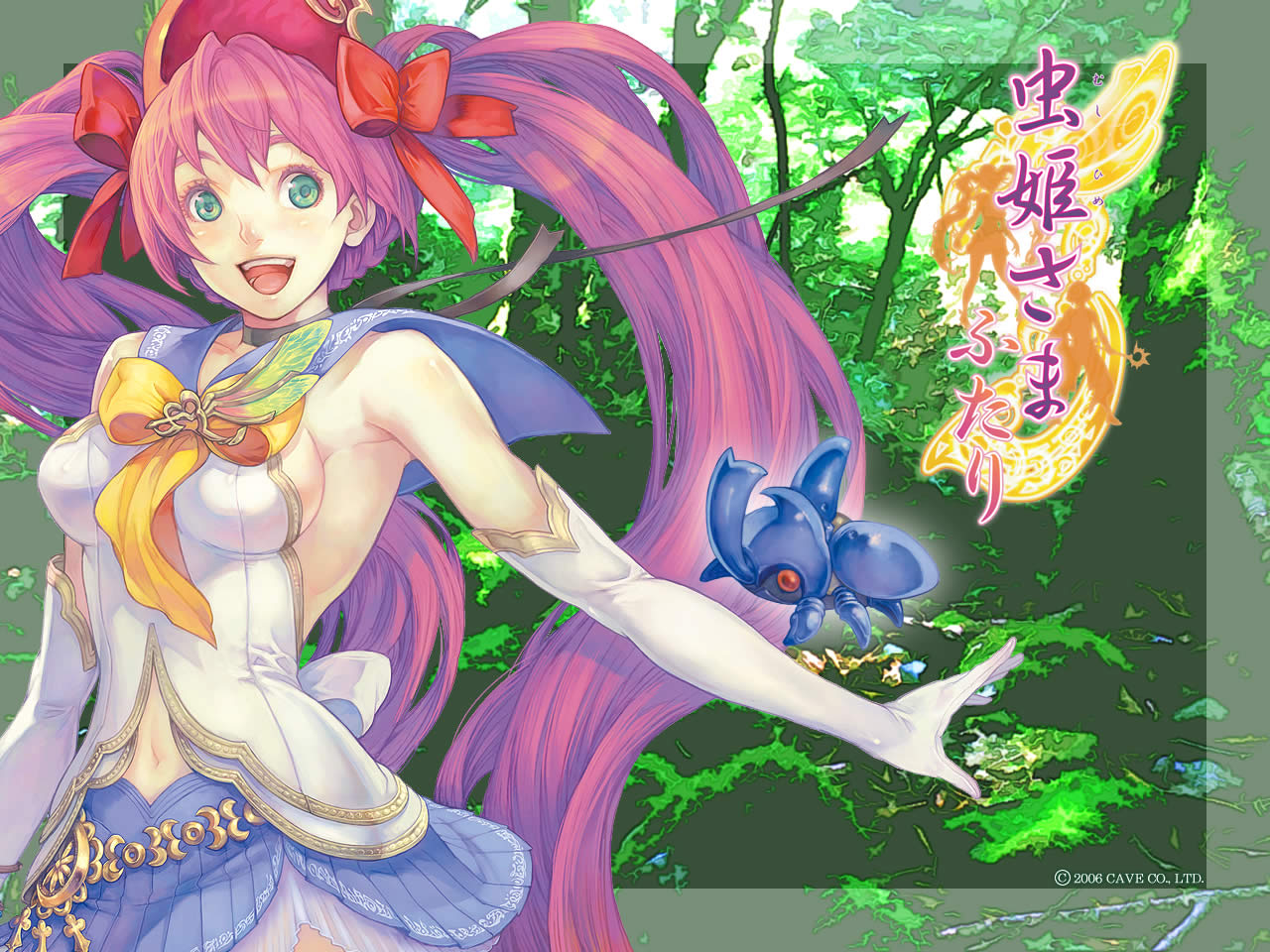 beetle blue_eyes bow breasts cave_(developer) choker elbow_gloves gloves haccan hair_bow happy headdress logo long_hair mushihime-sama mushihime-sama_futari navel official_art open_mouth purple_hair reco red_eyes sideboob skirt solo title_drop twintails very_long_hair wallpaper