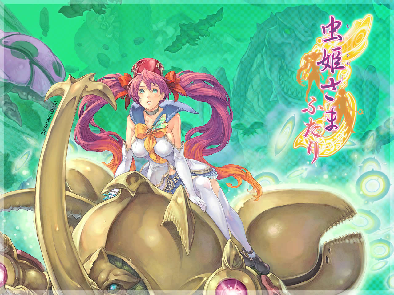 beetle bow breasts choker elbow_gloves gloves gradient_hair green_eyes haccan hair_bow hat headdress insect kiniro large_breasts logo long_hair multicolored_hair mushihime-sama mushihime-sama_futari official_art purple_hair reco skirt thighhighs title_drop twintails very_long_hair wallpaper white_legwear