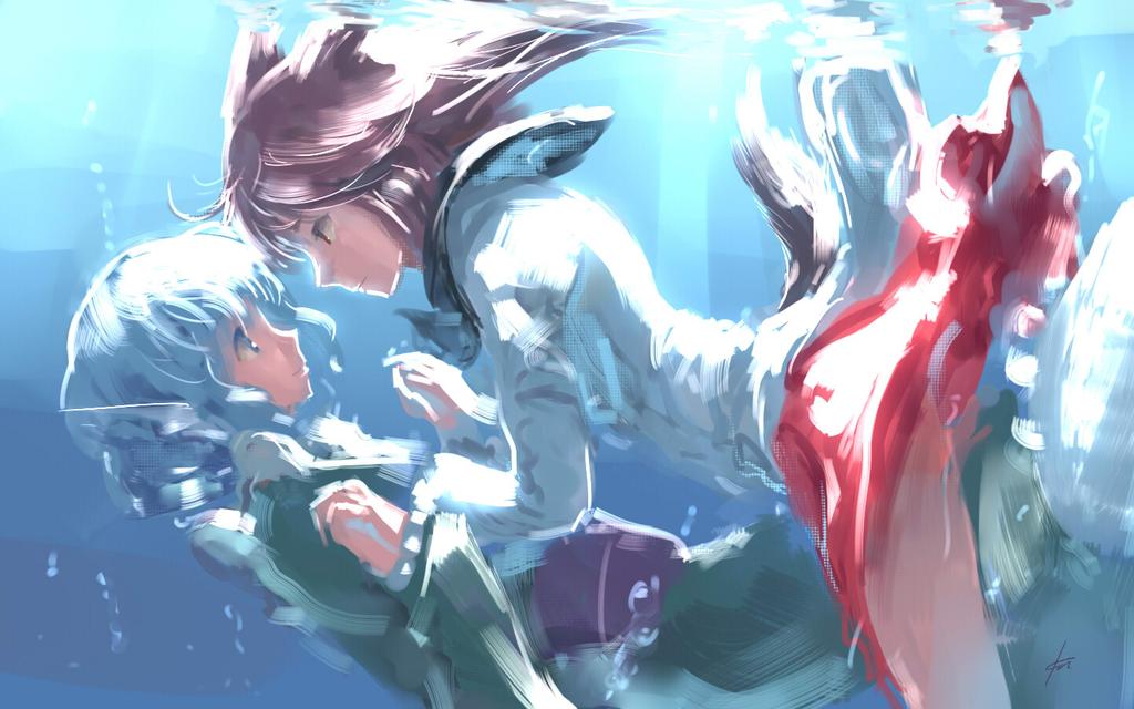 2girls animal_ears blue_eyes blue_hair brown_eyes brown_hair dress drill_hair ebizome face-to-face green_dress head_fins holding_hands imaizumi_kagerou japanese_clothes long_hair long_sleeves looking_at_another mermaid monster_girl multiple_girls short_hair smile tail touhou underwater wakasagihime water wide_sleeves wolf_ears wolf_tail yuri