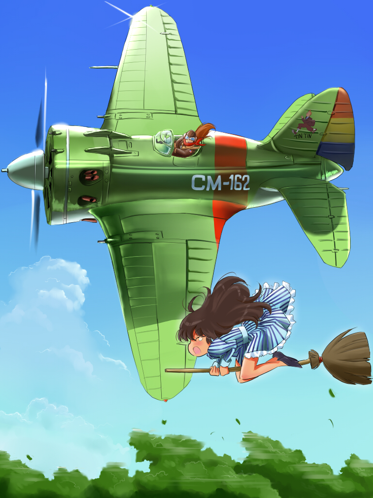 airplane broom broom_riding cloud clouds commentary dress flying inui_(jt1116) inui_(pixiv) long_hair military multiple_girls original polikarpov_i-16 polikarpov_i16 sky tears tintin tree