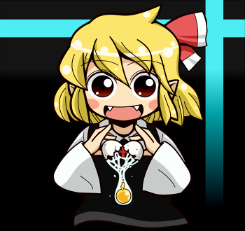 :d blonde_hair blush_stickers bust dora_e egg egg_yolk fangs heart lowres open_mouth pointy_ears red_eyes rumia smile solo the_embodiment_of_scarlet_devil touhou youkai