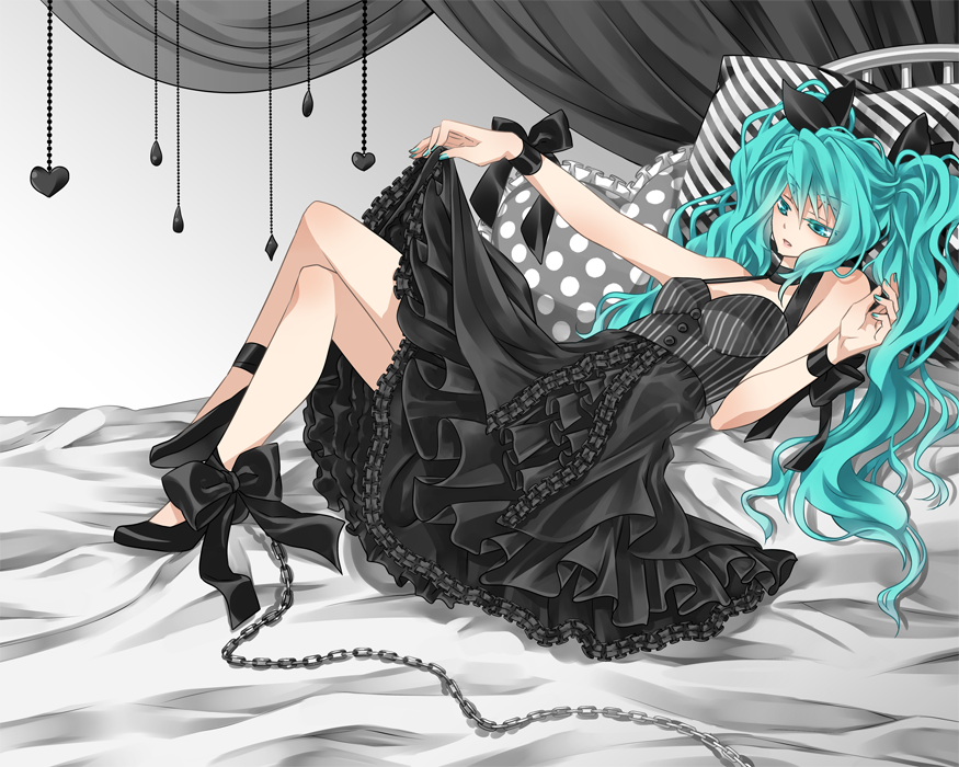 aqua_eyes aqua_hair bed bow chain chains cushion dress hatsune_miku long_hair lying nail_polish pillow solo touya_(artist) twintails very_long_hair vocaloid