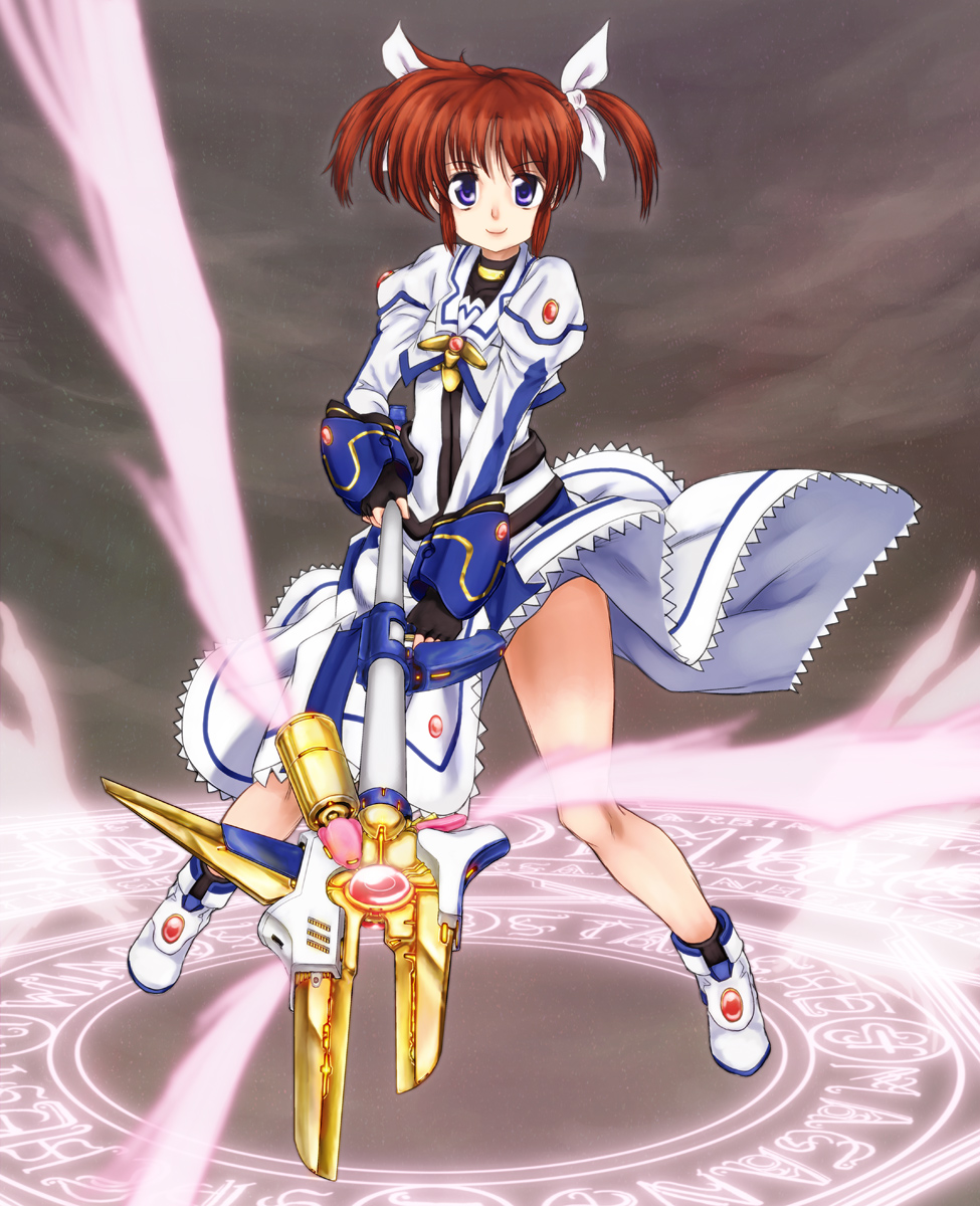 armor blue_eyes boots brooch brown_hair crop_top fighting_stance fingerless_gloves flat_chest gloves glowing hair_ribbon highres jewelry legs lyrical_nanoha magic_circle magical_girl mahou_shoujo_lyrical_nanoha mahou_shoujo_lyrical_nanoha_the_movie_1st raising_heart ribbon scharfschutze short_hair short_twintails skirt skirt_lift smile solo staff standing takamachi_nanoha turtleneck twintails weapon wind_lift wings