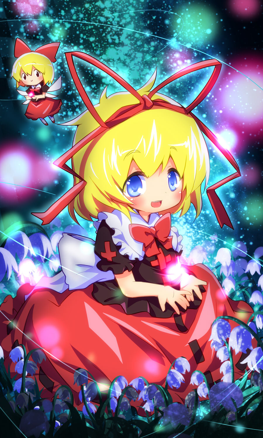 ayakashi_(monkeypanch) blonde_hair blue_eyes doll dress energy_ball flower highres kneeling lily_of_the_valley medicine_melancholy ribbon smile solo su-san touhou wings
