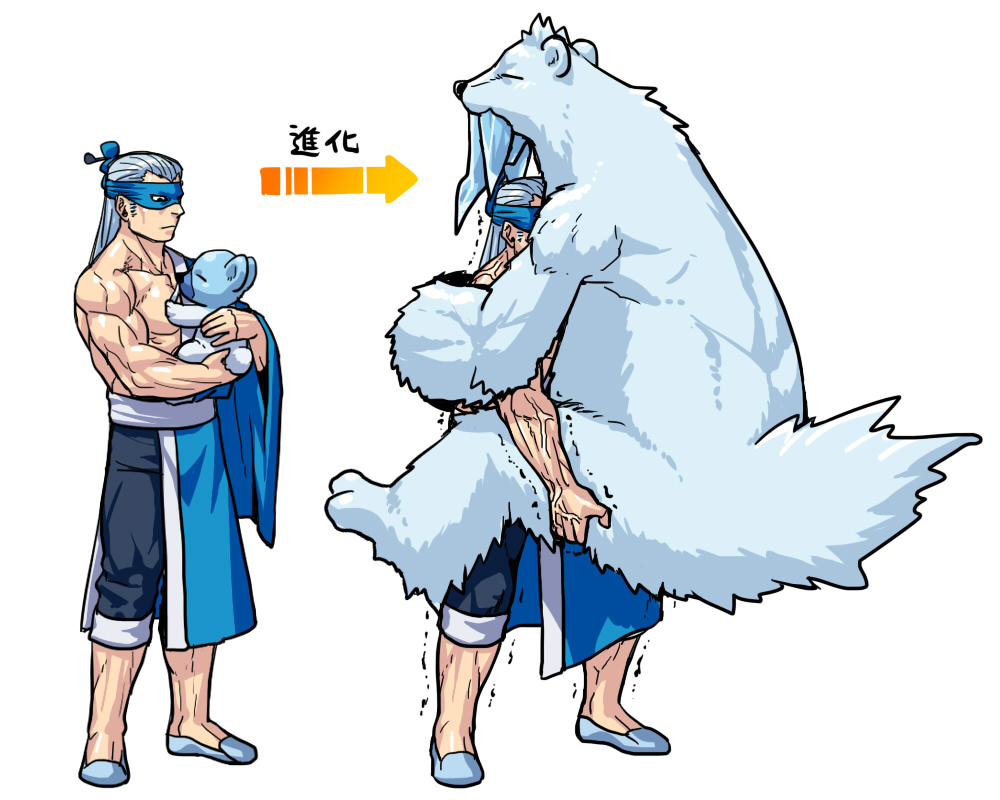 asymmetrical_clothes asymmetrical_clothing beartic blue_eyes blue_hair closed_eyes cubchoo gym_leader hachiku_(pokemon) heavy humor kagelow male mask muscle pokemon pokemon_(creature) pokemon_(game) pokemon_black_and_white pokemon_bw size_difference veins