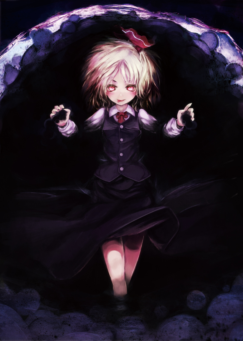 blonde_hair childofa darkness hair_ribbon licking_lips red_eyes ribbon rumia short_hair solo the_embodiment_of_scarlet_devil tongue touhou vest youkai