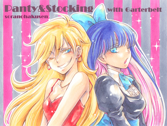 :o bad_id bare_shoulders blonde_hair blue_eyes breasts cleavage colored_eyelashes earrings eyelashes grin hair_ribbon jewelry long_hair marker_(medium) multicolored_hair multiple_girls necklace panty_&amp;_stocking_with_garterbelt panty_(character) panty_(psg) ribbon smile sparkle stocking_(character) stocking_(psg) striped striped_background touko_y traditional_media two-tone_hair wink
