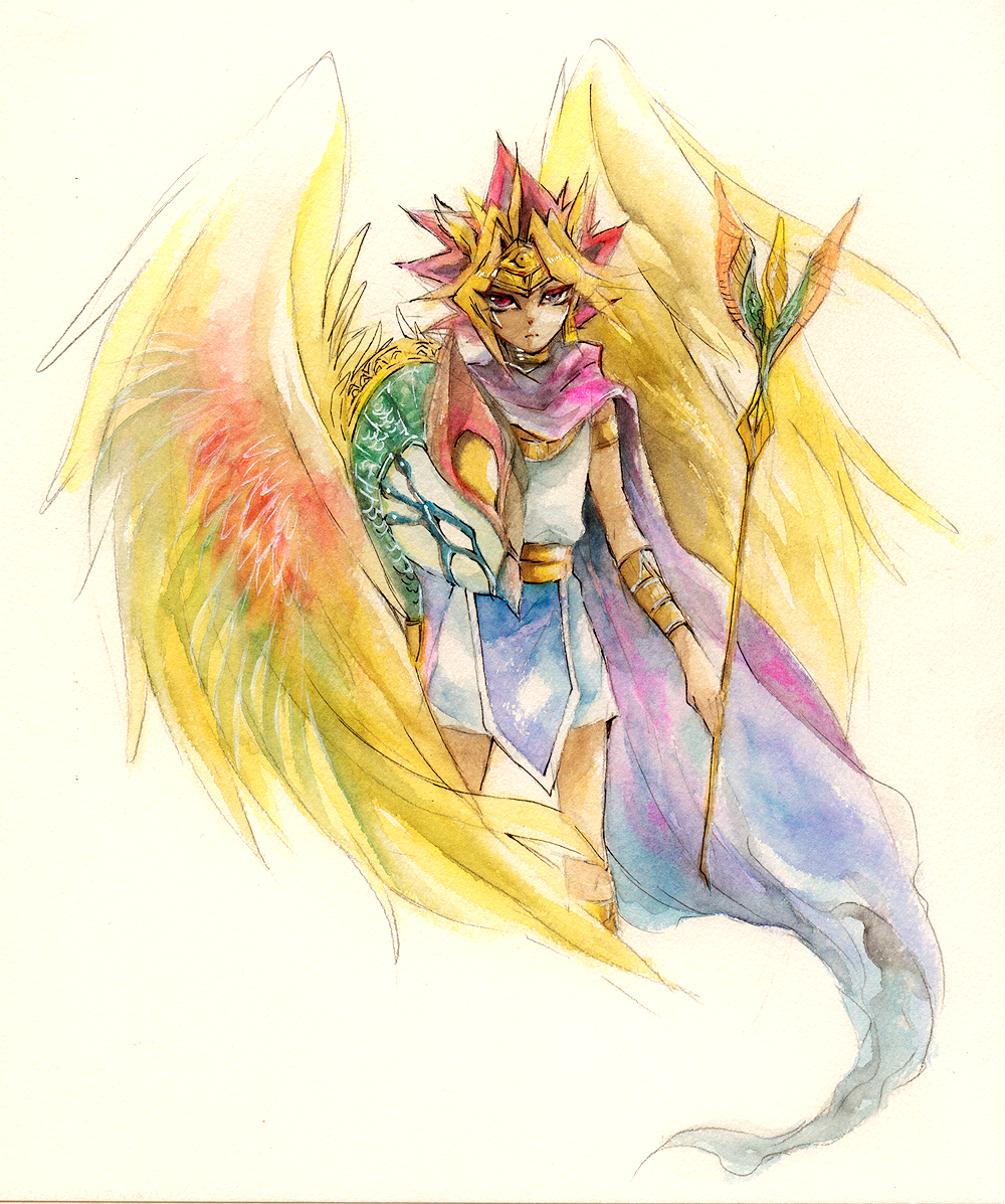 atem bird cape duel_monster earrings egyptian heterochromia jewelry male multicolored_hair neck_ring source_request staff yu-gi-oh! yuu-gi-ou yuu-gi-ou_duel_monsters