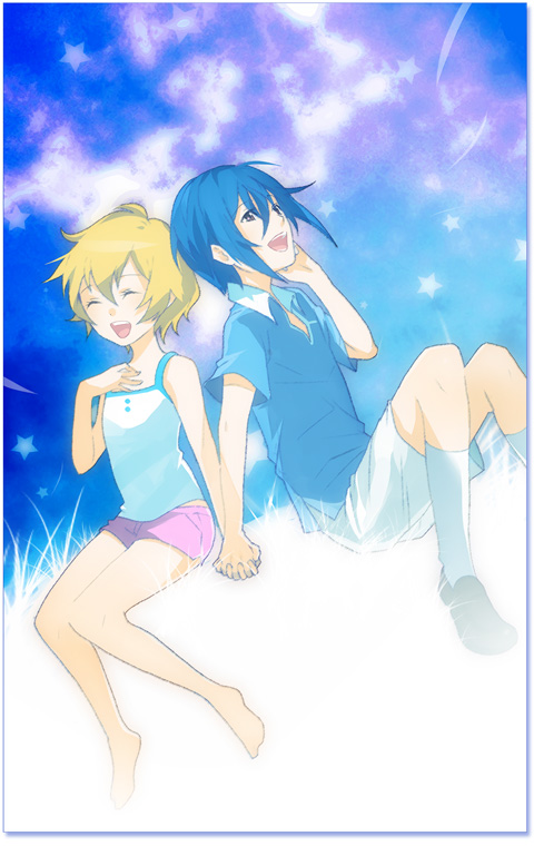 1girl agemaki_wako bad_id bare_shoulders barefoot blonde_hair blue blue_hair brown_eyes closed_eyes couple eyes_closed hand_holding hand_on_own_chest holding_hands kneehighs night night_sky open_mouth shindou_sugata short_hair shorts singing sitting sky sleeveless smile star star_driver starry_background white_kneehighs white_legwear yocopxp young