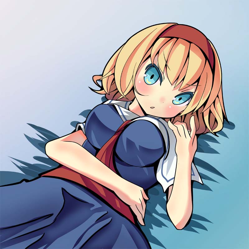 &gt;:o 1girl :o alice_margatroid beckoning between_breasts blonde_hair blue_eyes blush breasts capelet dress gradient gradient_background hairband large_breasts lying neckerchief oimo_(imoyoukan) on_back sash short_hair solo touhou triangle_mouth tsurime