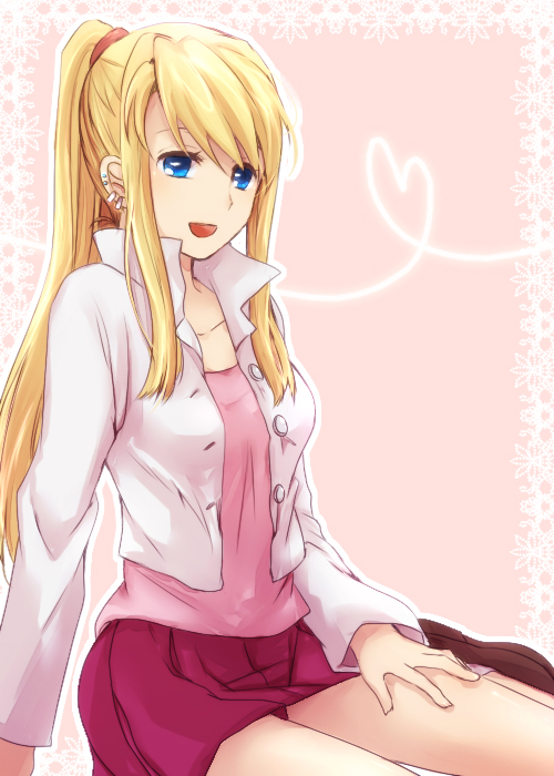 blonde_hair blue_eyes coat colored earrings fullmetal_alchemist fullmetal_alchemist_movie_2 fullmetal_alchemist_sacred_star_of_milos heart heart_of_string jacket jewelry long_hair mitsu_yomogi open_mouth panties pantyshot pantyshot_sitting ponytail sitting skirt smile solo tsukuda0310 underwear winry_rockbell