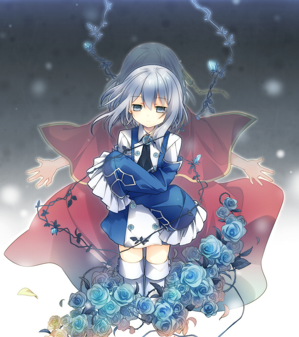 2girls back-to-back blue_eyes blue_hair blue_rose buttons cloak dual_persona echo flower flowers multiple_girls necktie outstretched_arms pandora_hearts rose roses short_hair sleeves_past_wrists spoilers spread_arms thighhighs yamiko yamiya zettai_ryouiki zwei_(pandora_hearts)
