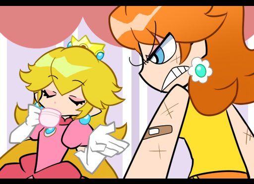 blonde_hair blue_eyes brown_hair crown cup earrings fukumitsu_(kirarirorustar) gloves jewelry kirariroru_star nintendo panty_&amp;_stocking_with_garterbelt parody princess_daisy princess_peach style_parody super_mario_bros.