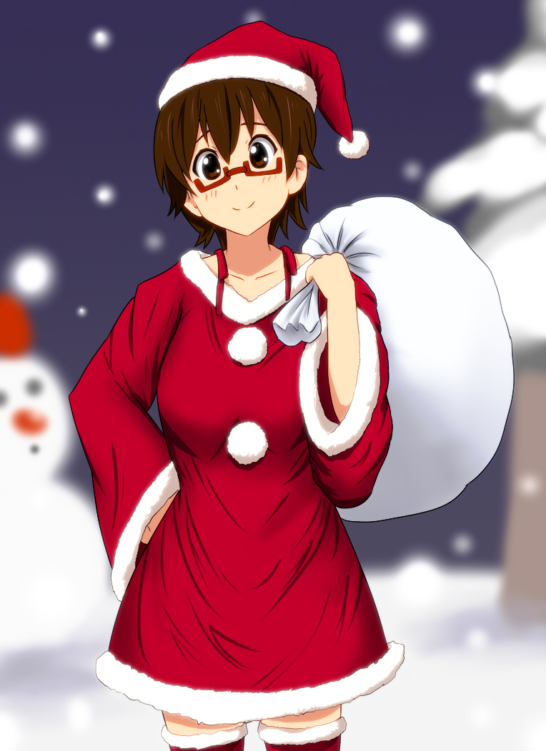 breasts brown_eyes brown_hair christmas diesel-turbo dress glasses half_rim_glasses hat k-on! large_breasts manabe_nodoka red-framed_glasses santa_costume santa_hat semi-rimless_glasses short_hair smile snow snowman solo thigh-highs thighhighs under-rim_glasses zettai_ryouiki