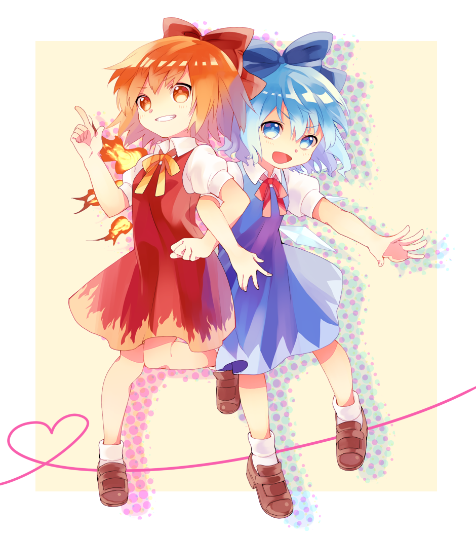 achi_cirno alternate_color alternate_element bad_id blue21 blue_eyes blue_hair bow cirno dress dual_persona fiery_wings fire hair_bow multiple_girls red_eyes red_hair redhead short_hair touhou wings