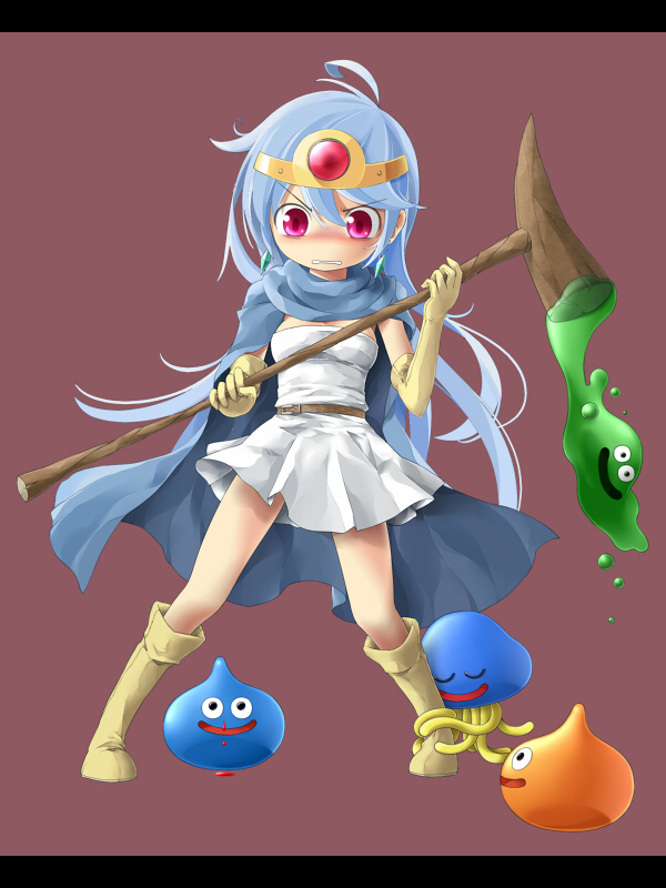 bad_id blood blue_hair blush boots cape circlet dragon_quest dragon_quest_iii elbow_gloves gloves hoimi_slime nosebleed red_eyes rupa sage_(dq3) slime_(dragon_quest) staff
