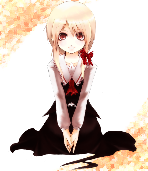 alternate_hairstyle ascot blonde_hair bow hair_bow long_hair minnu red_eyes rumia short_hair sitting solo the_embodiment_of_scarlet_devil touhou youkai