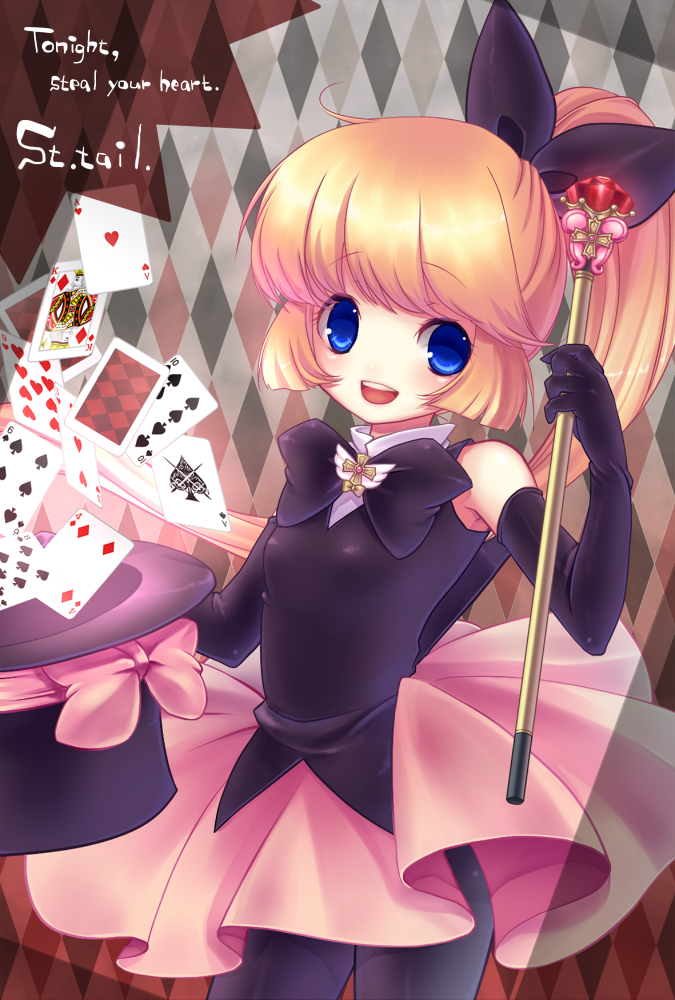 card cards elbow_gloves engrish falling_card floating_card gloves haneoka_meimi hat kaitou_saint_tail kyrie_(artist) long_hair magical_girl orange_hair pantyhose playing_card ponytail ranguage saint_tail skirt top_hat wand