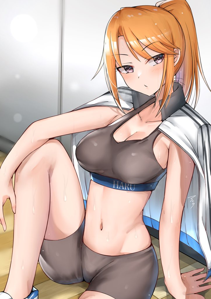 1girl arm_support brown_eyes idolmaster idolmaster_cinderella_girls indoors jacket jacket_on_shoulders looking_at_viewer orange_hair resting shoes sitting sports_bra sportswear sweat sweatdrop sweating tired wooden_floor yuuki_haru