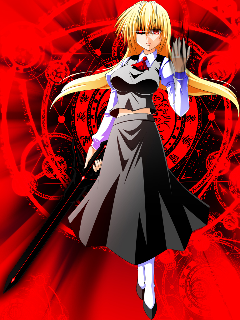 blonde_hair breasts engo_(aquawatery) ex-rumia high_heels large_breasts magic_circle midriff navel red_eyes rumia shoes solo sword the_embodiment_of_scarlet_devil touhou weapon youkai