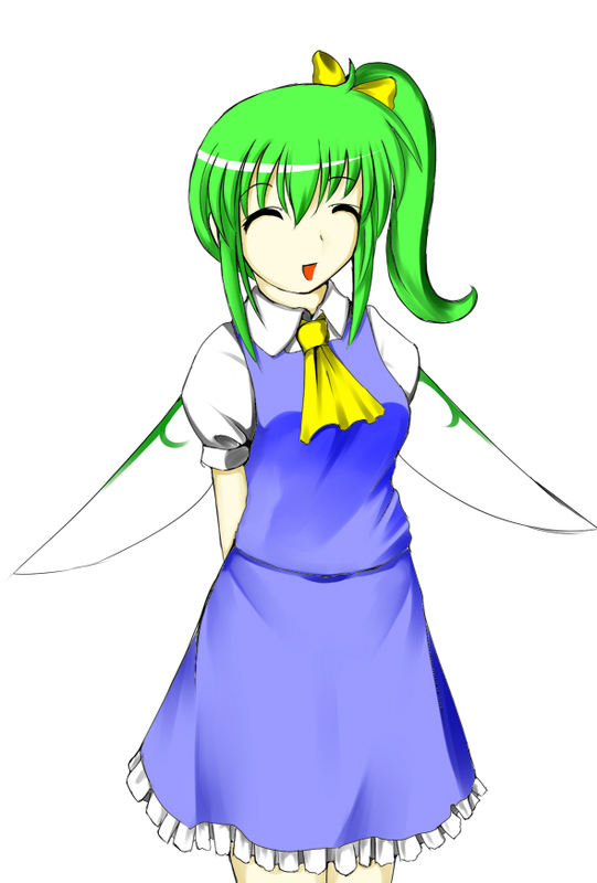 arms_behind_back ascot blue_dress closed_eyes daiyousei dress eyes_closed fairy_wings frills green_hair long_hair moguran side_ponytail smile standing touhou wings