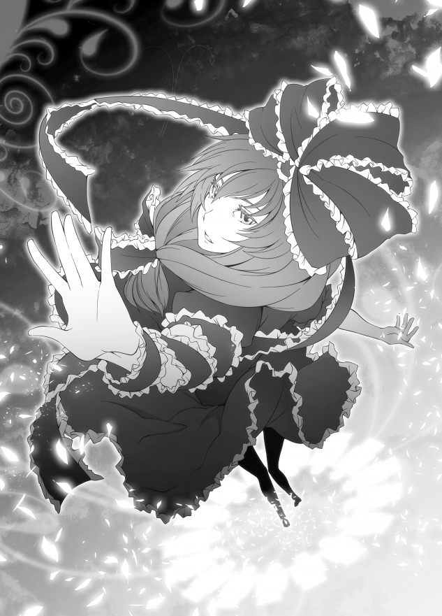bad_id bow danmaku dress foreshortening frills from_behind front_ponytail grayscale greyscale hair_bow hands kagiyama_hina looking_back monochrome outstretched_arms ribbon solo spread_arms torio_k touhou