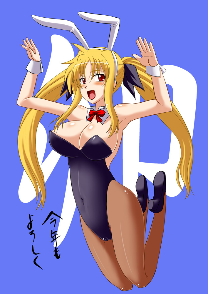 blonde_hair breasts bunny_ears bunny_girl bunnysuit fate_testarossa large_breasts long_hair lyrical_nanoha mahou_shoujo_lyrical_nanoha mahou_shoujo_lyrical_nanoha_strikers pantyhose pzeros red_eyes twintails very_long_hair zerosu_(take_out)