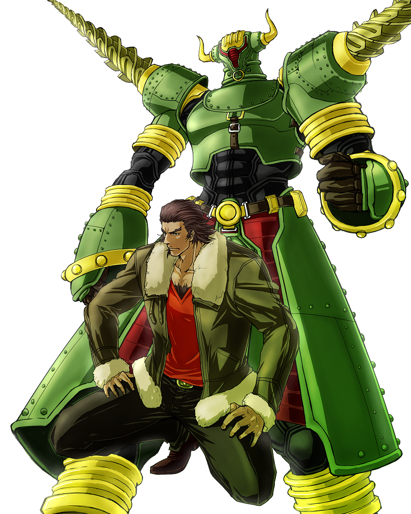 antonio_lopez brown_hair chest_hair dual_persona green_eyes helmet horns manly multiple_boys power_armor rock_bison short_hair simple_background squatting tiger_&amp;_bunny v-neck white_background yukiji_(mogari)