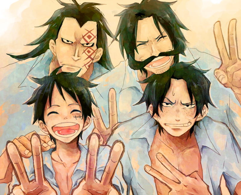age_difference black_eyes black_hair brothers closed_eyes double_v eyes_closed facial_hair family father father_and_son freckles gol_d._roger long_hair male monkey_d._dragon monkey_d._luffy multiple_boys muscle mustache one_piece open_clothes open_shirt portgas_d._ace scar short_hair siblings smile son tattoo time_paradox v