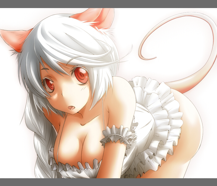 ao_usagi breasts cleavage fictional_persona letterboxed long_hair mouse_ears mouse_tail original red_eyes self-portrait shiro_nezumi solo tail