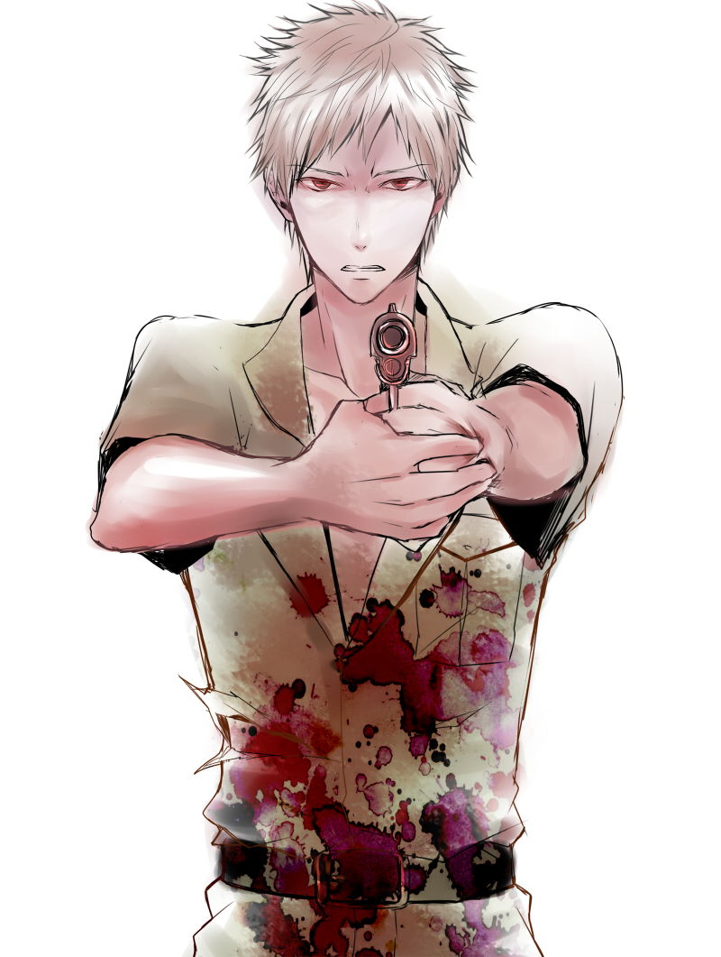 blood gun nero_(koyuki) red_eyes simple_background umineko_no_naku_koro_ni uniform ushiromiya_kinzou weapon white_hair young