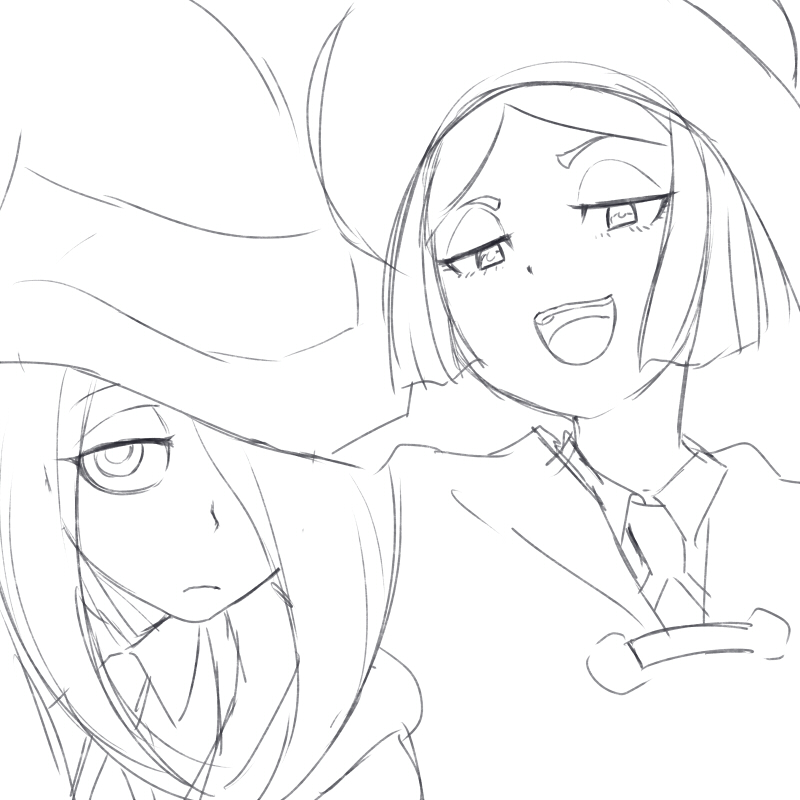 2girls character_request frown hair_over_one_eye hat jitome little_witch_academia long_hair monochrome multiple_girls open_mouth short_hair tsukudani_(coke-buta) witch witch_hat