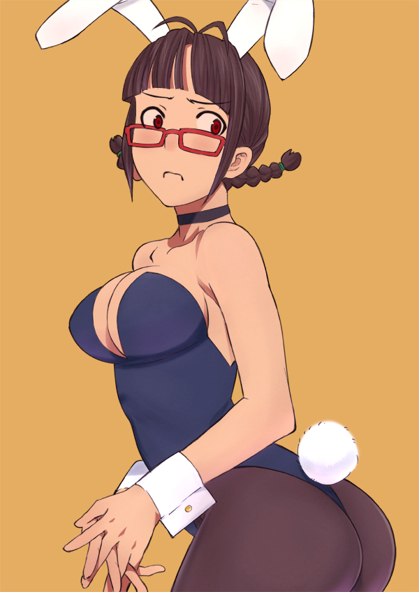 akizuki_ritsuko animal_ears ass at bare_shoulders braid breasts brown_hair bunny_ears bunnysuit choker frown glasses hands_clasped hands_together idolmaster looking_back orange_background panties pantyhose red-framed_glasses red_eyes simple_background solo thong twin_braids underwear wrist_cuffs