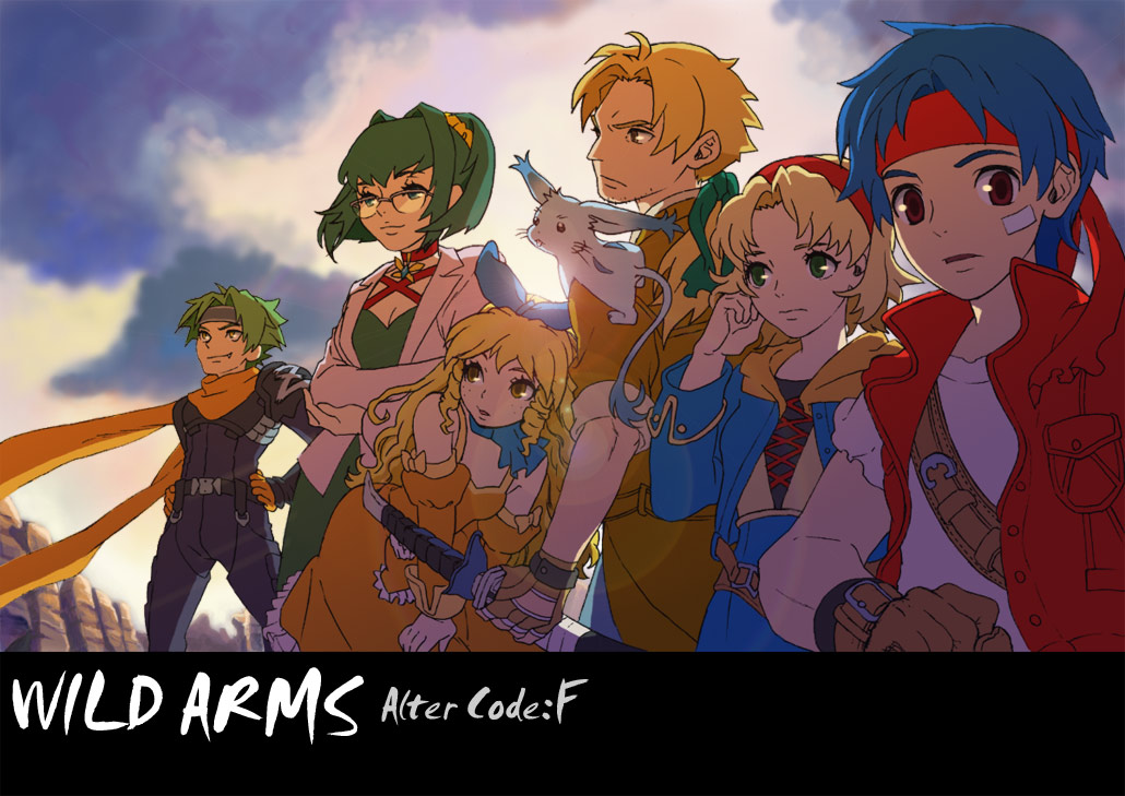 3girls ahoge animal_ears bare_shoulders blonde_hair blue_hair bodysuit bow brown_eyes calamity_jane cecilia_lynne_adelhyde choker cloud clouds coat creature crossed_arms dress emma_hetfield everyone fang freckles frown glasses gloves green_eyes green_hair hair_intakes hairband hands_on_hips hanpan headband jack_van_burace kei_(inu_no_ura) long_hair messy_hair multiple_boys multiple_girls open_mouth payot ponytail red_eyes ribbon rody_roughnight scarf shirt short_hair sky smile sword tail title_drop vest weapon wild_arms wild_arms_1 wild_arms_alter_code_f zed