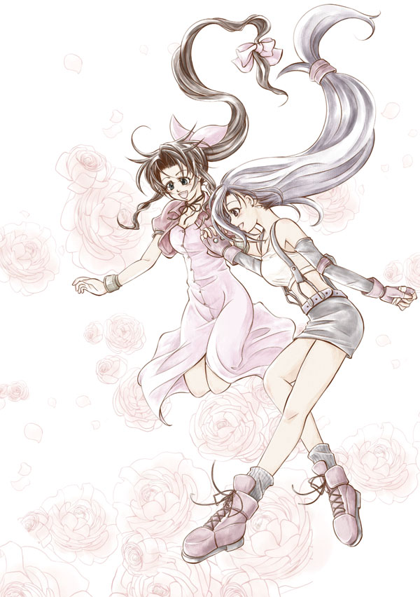 aerith_gainsborough arasa black_hair bolero brown_hair choker cropped_jacket dress earrings final_fantasy final_fantasy_vii fingerless_gloves gloves green_eyes hair_ribbon hand_holding holding_hands jewelry long_hair low-tied_long_hair multiple_girls ponytail ribbon suspenders tifa_lockhart