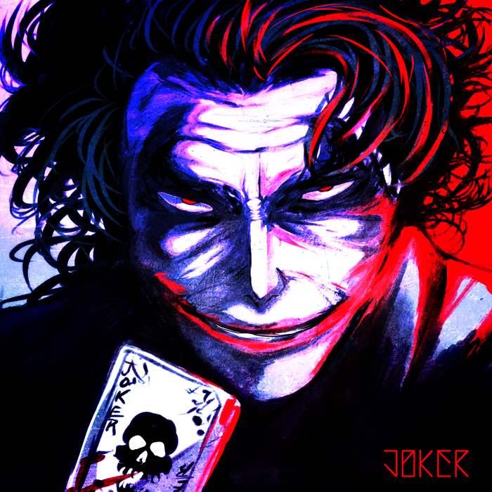 1boy batman_(series) blue card character_name clown dc_comics glasgow_smile grin holding holding_card makeup male red red_eyes s_tanly skull smile solo the_dark_knight the_joker