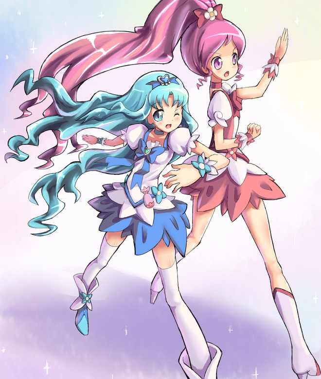 blue_eyes blue_hair blush boots bow choker cure_blossom cure_marine flower hakkotsu_shitai hanasaki_tsubomi heart heartcatch_precure! high_heels kurumi_erika long_hair magical_girl multiple_girls open_mouth pink_eyes pink_hair ponytail precure ribbon shoes skirt smile thigh-highs thighhighs wink