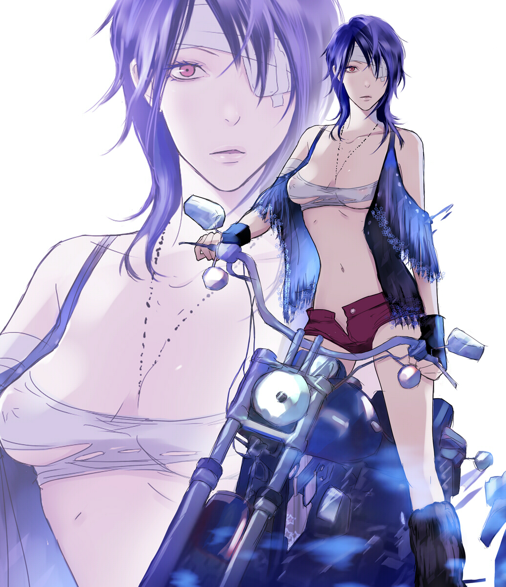 bandage blue_hair breasts cleavage eyepatch highres koutarou_(artist) motor_vehicle motorcycle navel open_fly original red_eyes shorts solo torn_clothes underboob unzipped vehicle zoom_layer