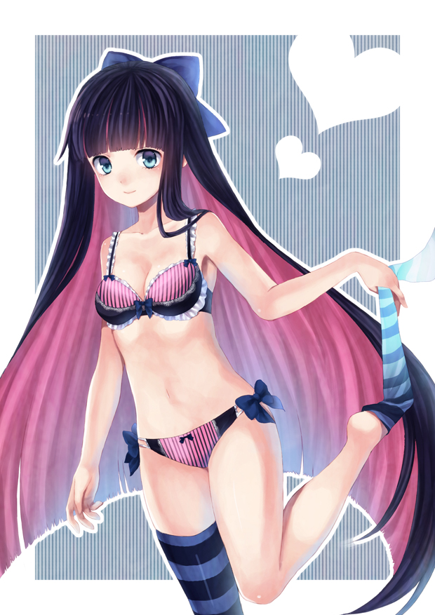 bad_id bangs bow bow_panties bra breasts cleavage hair_bow heart light_smile lingerie long_hair looking_at_viewer midorikawa_you multicolored_hair panties panty_&amp;_stocking_with_garterbelt pink_hair purple_hair solo standing_on_one_leg stocking_(character) stocking_(psg) striped striped_legwear striped_thighhighs thighhighs two-tone_hair underwear undressing very_long_hair