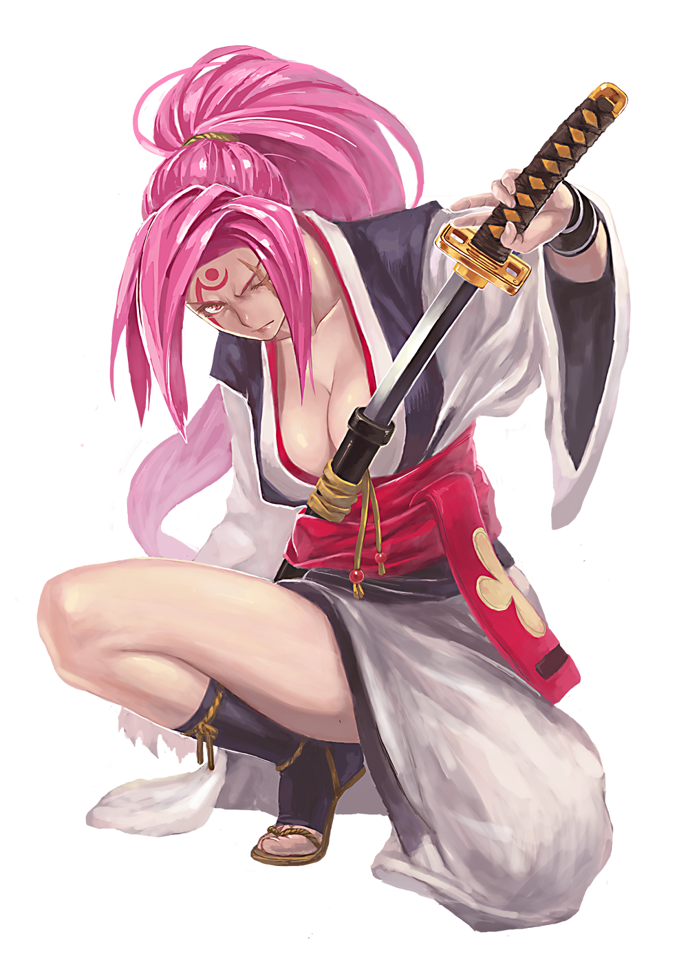 breasts cleavage guchico guilty_gear highres japanese_clothes kataginu katana long_hair one-eyed pink_hair ponytail red_eyes scar solo sword tattoo weapon