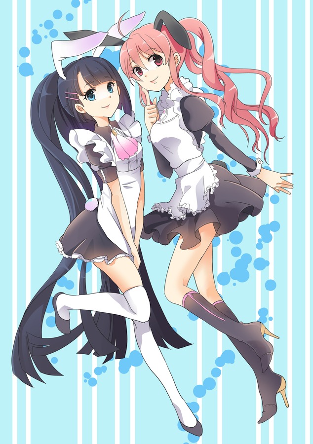 ahoge animal_ears apron bad_id black_hair blue_eyes bunny_ears bunny_tail dutch_angle error finger_to_mouth hair_ornament hairclip high_heels hiiro_(kikokico) long_hair maid mole multiple_girls original pink_eyes pink_hair polydactyly ponytail shoes skirt smile standing tail thigh-highs thighhighs very_long_hair wrist_cuffs