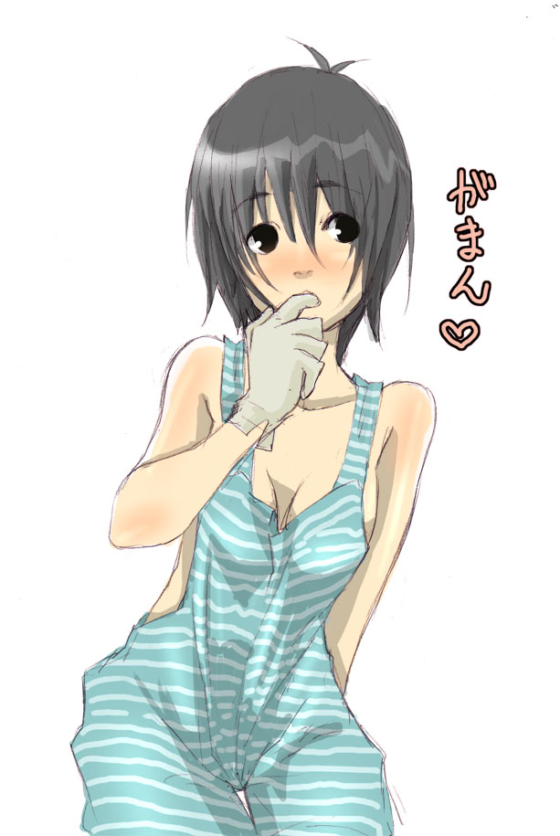 breasts cleavage finger_in_mouth gloves grey_hair naked_overalls neoko original overalls solo striped