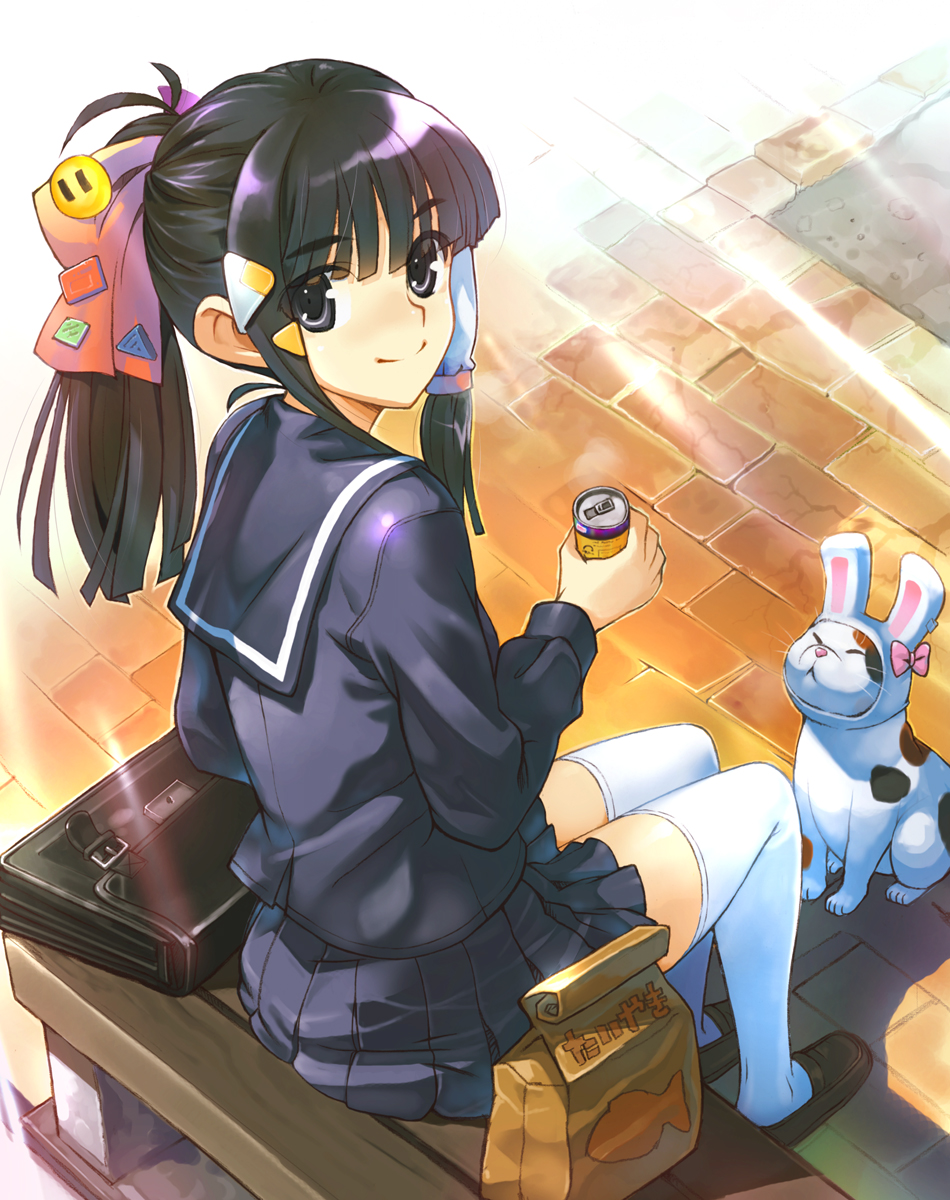 bag bench black_hair blue_eyes bunny_costume can cat highres hirokiku loafers looking_back original ponytail school_uniform serafuku shoes sitting solo thigh-highs thighhighs white_legwear