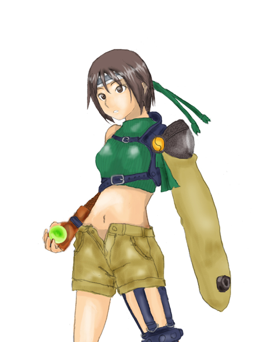 bare_shoulders brown_eyes brown_hair final_fantasy final_fantasy_vii fingerless_gloves gloves kanariko materia midriff navel open_fly short_hair shorts sleeveless sleeveless_turtleneck turtleneck unzipped yuffie_kisaragi