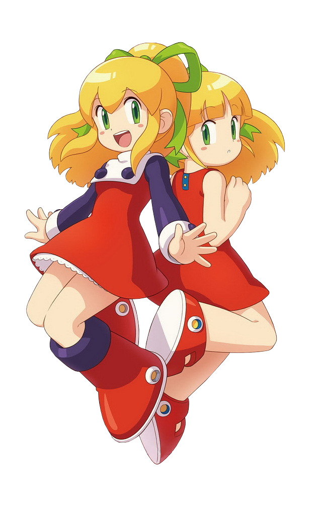 alternate_costume blonde_hair capcom dual_persona green_eyes official_art ponytail rockman rockman_(classic) roll