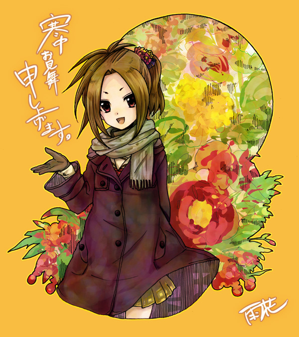 brown_hair coat gloves hair_ornament open_mouth original ponytail red_eyes scarf short_hair skirt smile solo uka_(color_noise)