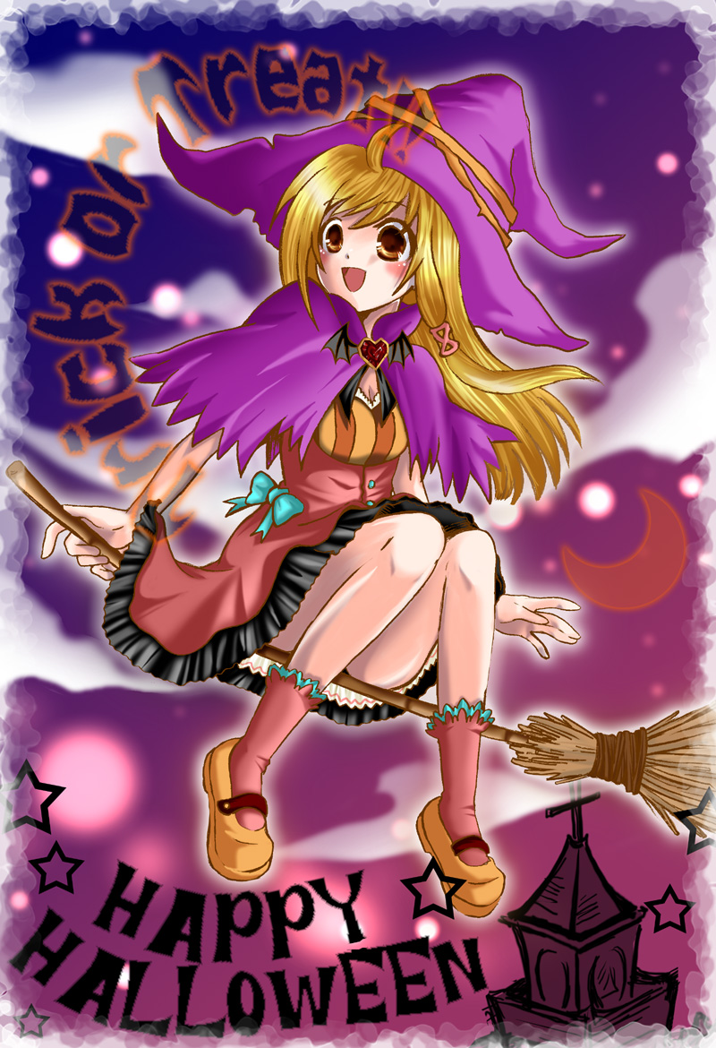 ahoge aura_(wild_arms) bat_wings blonde_hair blush bow broom brown_eyes cocopazu dress frilled_legwear frilled_socks hair_ornament hairpin halloween happy happy_halloween hat heart jewelry moon night open_mouth payot purple_background ribbon shoes socks solo trick_or_treat wild_arms wild_arms_1 wild_arms_alter_code_f wings witch witch_hat